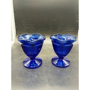 Vintage Cobalt Blue Glass Sherbet Dessert Cups Ruffled Rim Paneled Set of 2
